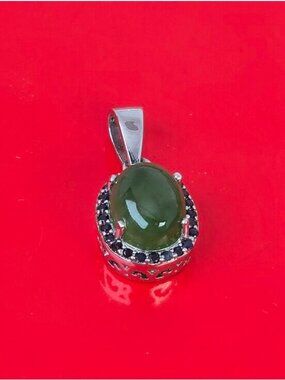 925 Sterling Silver Pendant 8x11mm with Natural Jade & Blue Sapphire Gems